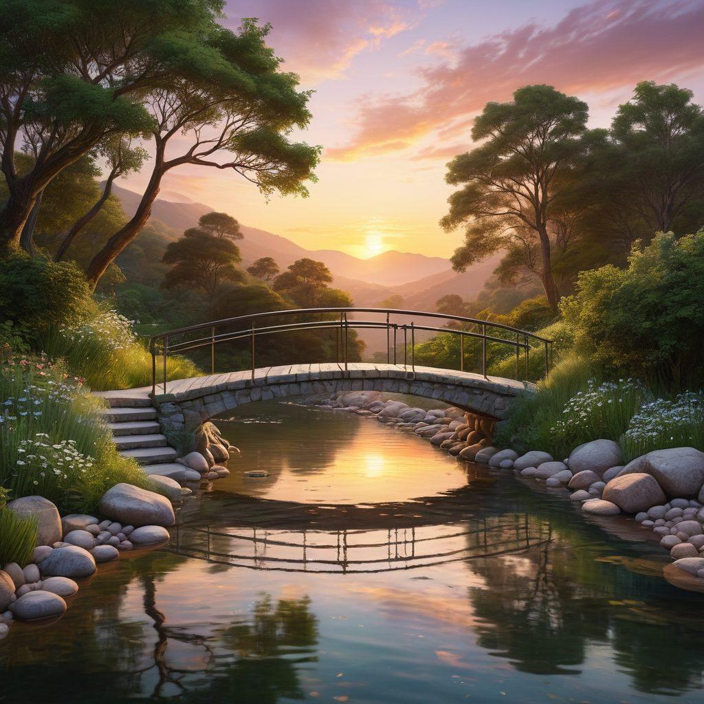 A serene landscape featuring a bridge connecting two lush green hills, symbolizing connection. On one side, individuals practicing mindfulness through meditation, while on the other side, a diverse group engaged in open dialogue. Soft, warm lighting to convey a sense of calm and wellness, with gentle flowing water beneath the bridge. The sky is painted with pastel colors at sunset, enhancing the emotional warmth of the scene. super-realistic. vibrant colors. tranquil atmosphere.