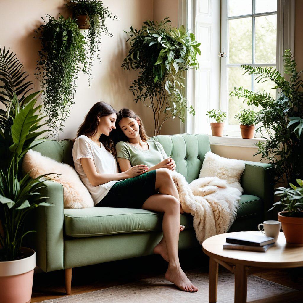 A warm and inviting scene of two people sitting on a cozy couch, sharing a heartfelt moment, surrounded by soft light and plants symbolizing growth; delicate hands reaching towards each other, with subtle heart motifs in the background, representing intimacy and affection. romantic illustration. soft colors. cozy atmosphere.