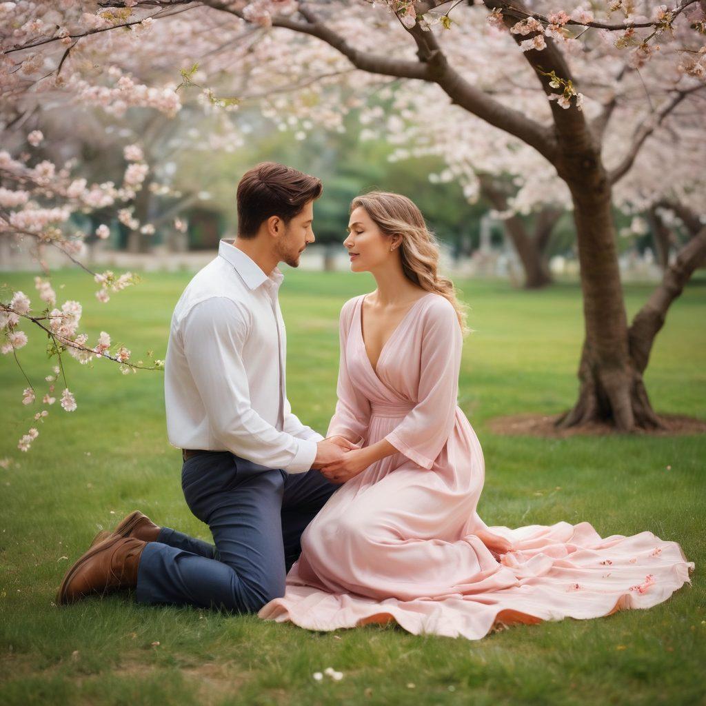 A warm and inviting scene depicting a couple in an intimate conversation under a blooming cherry blossom tree, surrounded by soft, glowing lanterns. The atmosphere conveys a sense of personal growth with open books and blossoming flowers symbolizing self-discovery. The couple should appear engaged and connected, illustrating intimacy and love. pastel colors. dreamy style. surreal elegance.